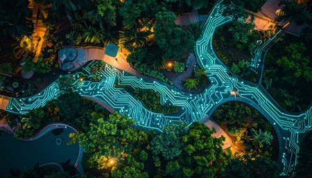 From above, a city park at night transforms into a living circuit board. Luminous cyan pathways, like veins of data, flow through the dark forest, symbolizing the seamless integration of nature and advanced technology in a sustainable, futuristic metropolis.の素材