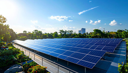 A vast array of solar panels gleams under the bright sun, installed on a modern curved roof. This installation, set against a backdrop of a green city skyline, represents a commitment to sustainable living, clean energy, and a brighter, eco-friendly future.の素材