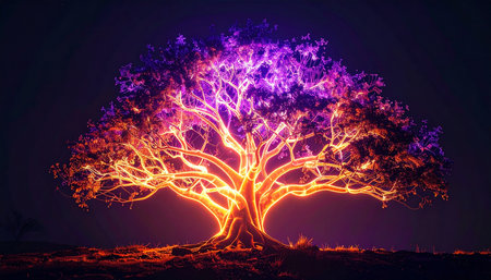 In the heart of a timeless, dark forest stands the Tree of Souls, a beacon of mystical energy. Its roots pulse with the fiery orange glow of ancient wisdom, while its branches reach for the cosmos, adorned with a canopy of vibrant purple and pink light. This sacred tree represents the interconnectedness of all life, a powerful symbol of growth, spirituality, and the magical flow of the universe.の素材
