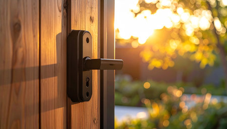 An open wooden door invites you into a serene garden bathed in the warm, golden light of a beautiful sunset. This image evokes feelings of hope, new beginnings, and a peaceful welcome home.の素材