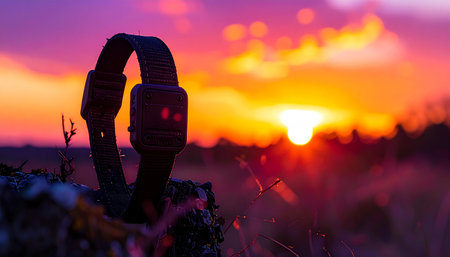 As the sun sets in a blaze of fiery colors, a modern smartwatch rests, its silhouette a testament to a day of activity and exploration. This image captures the perfect balance between technology and nature, symbolizing the end of a journey, a moment of reflection, and the quiet satisfaction of achieving personal fitness goals.の素材