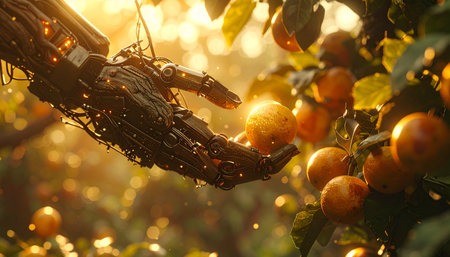 In a sun-drenched orchard, a robotic hand gently reaches for a ripe, glowing fruit, symbolizing a harmonious future where technology and nature coexist. This image captures a moment of advanced, sustainable agriculture, blending innovation with the timeless cycle of the harvest.の素材