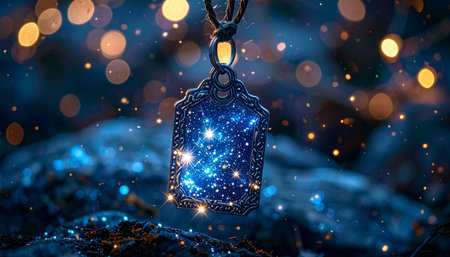 A tiny, magical house ornament glows with an inner cosmic light, filled with a universe of stars. Suspended in the quiet of the night against a backdrop of warm, festive bokeh, it represents a beacon of hope, dreams, and the enchanting comfort of home.の素材