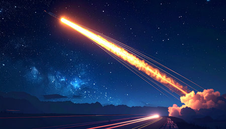 A powerful rocket pierces the tranquil night sky, leaving a brilliant trail of fire and light as it embarks on a journey to the stars. This image captures the pinnacle of human ambition and the spirit of cosmic exploration, set against a breathtaking galactic backdrop.の素材
