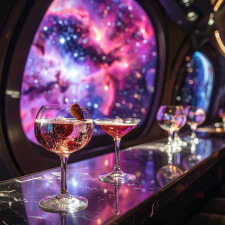 Enjoying a sophisticated cocktail at an interstellar lounge, with a breathtaking view of a vibrant nebula through the spaceships window. A moment of luxury and adventure among the stars.の素材