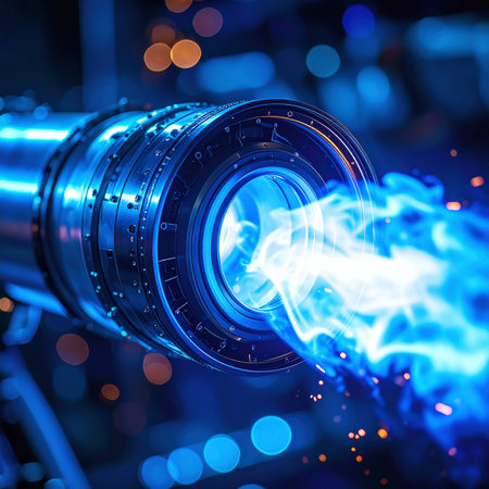 A close-up view of a futuristic propulsion system ignites with a brilliant blue plasma flame in a high-tech laboratory. This image captures a moment of breakthrough in advanced engineering, symbolizing power, innovation, and the future of travel and energy.の素材