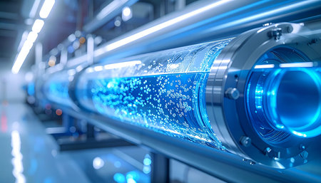 Inside a state-of-the-art facility, a vibrant blue liquid bubbles and flows through a transparent bioreactor. This glowing process represents a breakthrough in sustainable energy or advanced water purification, symbolizing the relentless pursuit of innovation and a cleaner future.の素材