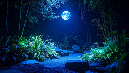 A winding path leads through an enchanted forest under the magical glow of a full blue moon. Mysterious lights twinkle among the lush jungle foliage, inviting a journey into a world of fantasy, mystery, and serene beauty.の素材