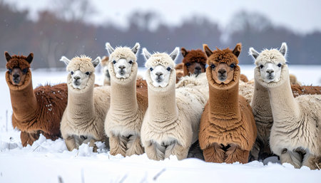 A curious herd of fluffy alpacas stands together in a snowy winter field, their warm coats a stark contrast to the cold landscape. Posing like a close-knit family, they look directly into the camera, creating a charming and heartwarming portrait of animal community and togetherness.の素材