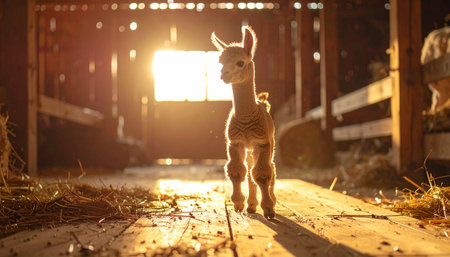 A curious baby llama, or cria, stands bathed in the warm, golden light of a sunrise pouring through a barn door. The rustic wooden interior and scattered hay create a peaceful and charming farm scene, evoking feelings of new beginnings, innocence, and the simple beauty of rural life.の素材