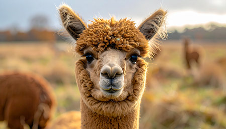 A friendly brown alpaca with a curious expression poses for a close-up portrait in a golden-lit pasture. Its soft, fluffy fleece and gentle gaze create a charming and heartwarming scene of rural life and animal connection.の素材