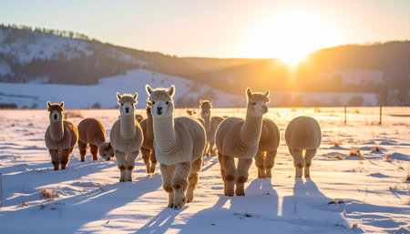 A curious herd of alpacas gathers in a snow-covered field, their woolly coats catching the warm, golden light of a winter sunset. They stand together against the cold, creating a scene of peaceful community and serene natural beauty.の素材