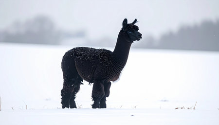 A majestic black alpaca stands alone in a vast, snow-covered field, its dark fleece a stark and beautiful contrast against the white winter landscape. The scene evokes a sense of peaceful solitude and quiet resilience.の素材