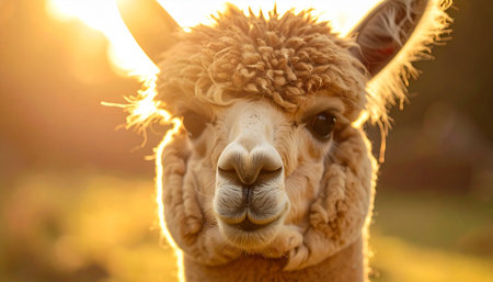 A friendly alpaca pauses in a sun-drenched field, its soft fleece illuminated by the warm, golden light of a beautiful sunset. This charming portrait captures a moment of peace and tranquility in nature, evoking feelings of warmth and gentle curiosity.の素材