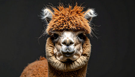 A charming close-up portrait of a brown alpaca with a quirky, expressive face. Isolated against a dark studio background, its fluffy fur and curious gaze create a humorous and endearing character study, perfect for projects needing a touch of personality and warmth.の素材