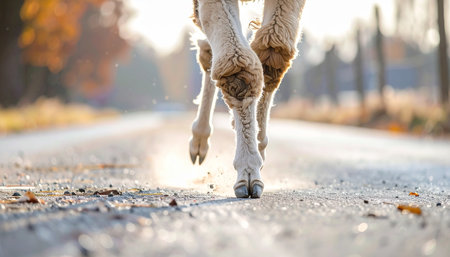A close-up, low-angle view of an alpacas legs and feet as it walks along a rural road during a beautiful autumn sunrise. The warm, golden light creates a serene and peaceful mood, evoking a sense of a gentle journey and a new beginning.の素材