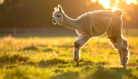 A young, fluffy alpaca cria takes a gentle stroll through a lush meadow, its fleece glowing in the warm, golden light of a beautiful sunset. This serene scene captures the innocence and tranquility of farm life and the beauty of nature at dusk.の素材