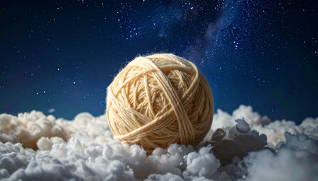 A single ball of yarn, the thread of dreams, rests upon a soft bed of clouds under a vast, star-filled night sky. This surreal and tranquil scene evokes a sense of wonder, imagination, and the infinite possibilities woven into the fabric of the cosmos.の素材