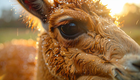 A gentle alpaca greets the day as the warm, golden sunlight of a winter morning melts tiny snowflakes on its soft, brown fur. This intimate close-up captures a moment of quiet serenity and the soulful gaze of a calm farm animal.の素材