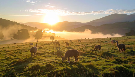 As the golden sun crests over the misty mountains, a herd of alpacas peacefully grazes in a lush green pasture. The warm morning light illuminates the tranquil scene, capturing a moment of serene beauty in the countryside.の素材