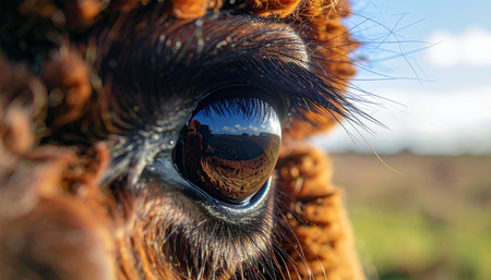 An extreme macro shot captures the profound depth within a brown alpacas eye. Long, delicate eyelashes frame the dark pupil, which holds a perfect reflection of the vast, open landscape. This intimate perspective invites a moment of quiet connection, revealing the gentle soul and curious nature of the animal.の素材