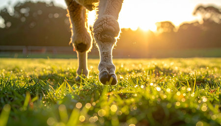 As the sun rises, casting a warm golden glow across the landscape, a cow peacefully walks through a dew-kissed pasture. The low-angle perspective captures the gentle rhythm of farm life and the simple beauty of a new day beginning in the countryside.の素材
