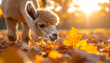 A fluffy baby alpaca curiously explores a carpet of vibrant autumn leaves, its nose twitching as it investigates the crisp foliage. Bathed in the warm, golden glow of a setting sun, the scene evokes a sense of gentle discovery and the cozy charm of the fall season.の素材