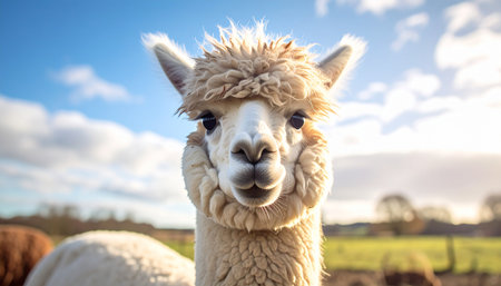 A friendly and curious alpaca poses for a close-up portrait on a beautiful sunny day. With its fluffy white wool and inquisitive expression, this charming animal captures the heartwarming spirit of farm life and the joy of nature.の素材