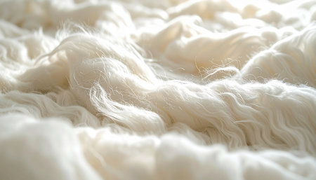 A close-up macro shot captures the delicate and intricate texture of raw, unprocessed white wool. Soft light illuminates the fluffy fibers, creating a gentle, cloud-like landscape that evokes feelings of warmth, comfort, and natural purity. This background is perfect for concepts related to textiles, coziness, and organic materials.の素材