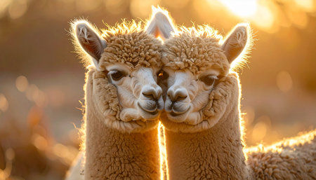 Two adorable alpacas share an affectionate moment, their fluffy heads close together as the warm, golden light of a setting sun illuminates them from behind. This heartwarming scene captures a feeling of love, friendship, and peaceful companionship.の素材