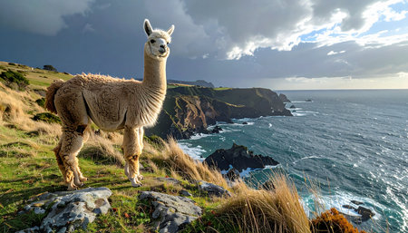 A curious llama stands proudly on a grassy cliff, gazing out over a dramatic and stormy sea. This scene evokes a sense of adventure, freedom, and the untamed beauty of nature along a rugged coastline.の素材