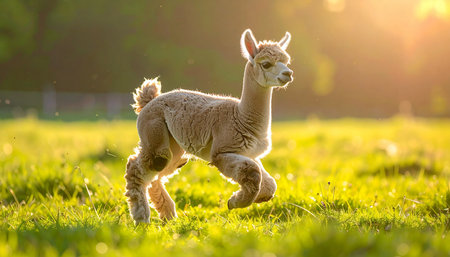 A fluffy baby alpaca, full of life and joy, frolics through a lush green meadow as the warm, golden light of sunset bathes the scene. This heartwarming image captures a moment of pure innocence and freedom in nature.の素材