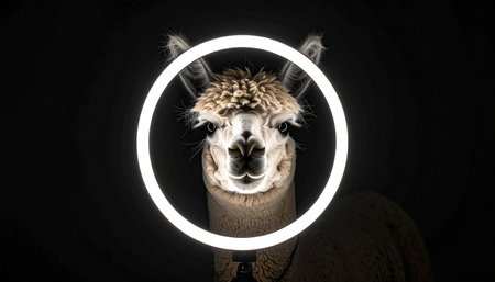 A charismatic alpaca poses for its close-up, perfectly framed within a glowing ring light. This humorous and modern portrait captures the essence of an animal influencer ready for its moment in the digital spotlight, set against a dramatic black background.の素材