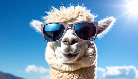With a confident smile and stylish sunglasses, this cool llama is ready for a summer adventure. A funny and charming portrait capturing a moment of pure joy and relaxation under a bright, sunny sky. Perfect for concepts of vacation, humor, and carefree living.の素材