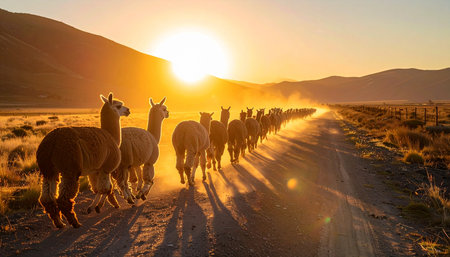 A herd of llamas embarks on a journey down a dusty mountain road as the sun sets behind them. The warm, golden light casts long shadows, creating a scene of majestic travel and serene adventure in the South American Andes.の素材
