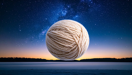 A giant ball of yarn hangs in the night sky like a celestial moon, its threads representing the interconnected stories of the universe. It floats serenely over a calm lake at twilight, inspiring wonder, creativity, and a sense of cosmic connection.の素材