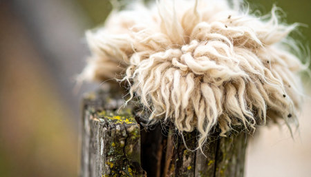 A tuft of raw sheeps wool, snagged from a passing flock, rests atop a weathered and mossy fence post. This close-up captures the rustic texture and natural origins of fiber, telling a quiet story of farm life and the cycle of nature.の素材