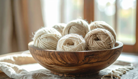 A rustic wooden bowl holds a collection of natural fiber yarn balls, bathed in the soft, warm light from a nearby window. This tranquil scene evokes a sense of cozy comfort and the simple joy of handmade crafts, perfect for a relaxing afternoon hobby.の素材