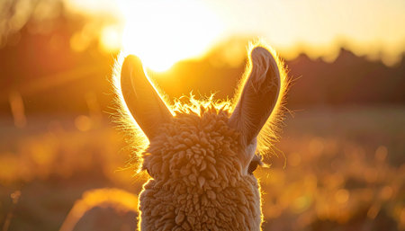 From behind, a fluffy llama peacefully watches the day end. The setting sun casts a warm, golden glow, creating a halo of light around its ears and fur. A serene moment of tranquility in nature, perfect for concepts of peace, new beginnings, or quiet contemplation.の素材