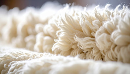 A detailed macro photograph captures the intricate and delicate structure of pure, natural wool fibers. The soft, fluffy texture evokes a sense of warmth, comfort, and the gentle embrace of handmade textiles, perfect for backgrounds conveying coziness and natural purity.の素材