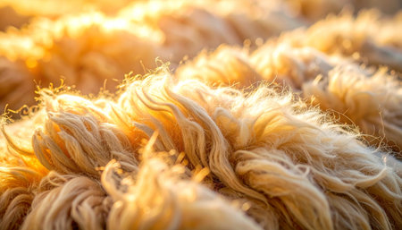 Golden hour sunlight filters through soft, natural wool fibers, creating a warm and inviting texture. This close-up view evokes a sense of comfort, purity, and the gentle warmth of a rustic, handmade craft.の素材