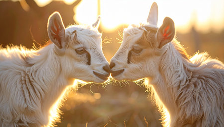 In the warm, golden glow of a setting sun, two adorable baby goats share a tender moment. They gently touch noses, a sweet display of friendship and innocence on a peaceful farm, capturing the simple beauty of rural life.の素材