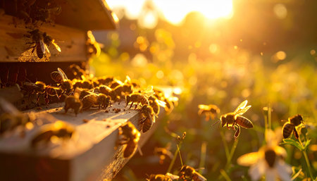 As the sun sets in a warm, golden blaze, a colony of honey bees diligently returns to their wooden hive. The air is filled with a gentle hum as they fly through the backlit meadow, their wings catching the last rays of evening light, symbolizing a day of productive teamwork and the sweet rewards of natures harmony.の素材