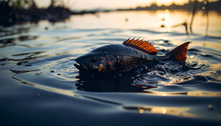 A dramatic close-up of a freshwater fish breaking the surface of a tranquil lake during the golden hour. The setting sun casts a warm glow on the water and highlights the fishs vibrant fins, capturing the thrilling moment of a successful catch in the wild.の素材