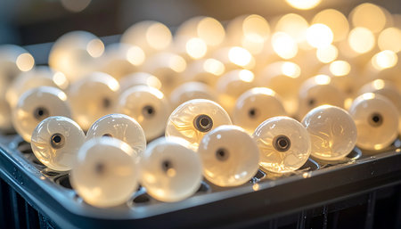 In a warmly lit workshop, a tray of newly crafted glass eyes awaits inspection. Each piece, a testament to meticulous precision and artisanal skill, reflects the light, creating a surreal and captivating pattern of sight and creation.の素材