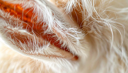 An extreme close-up macro shot revealing the intricate details inside a white dogs ear. The fine, delicate fur contrasts with the translucent skin, highlighting the complex network of blood vessels within, perfect for veterinary, pet care, or biological concepts.の素材