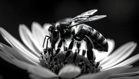 In a timeless black and white portrayal, a honeybee diligently works at the heart of a delicate flower. This macro photograph captures the intricate details of pollination, highlighting the essential and often unseen labor that sustains our ecosystem. The high-contrast monochrome adds a dramatic and artistic feel to this classic scene of natures symbiosis.の素材