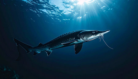 A majestic, ancient sturgeon glides silently through the deep blue depths, its prehistoric form illuminated by heavenly sunbeams piercing the waters surface. This serene moment captures the timeless grace and quiet power of one of the oceans most mysterious inhabitants.の素材