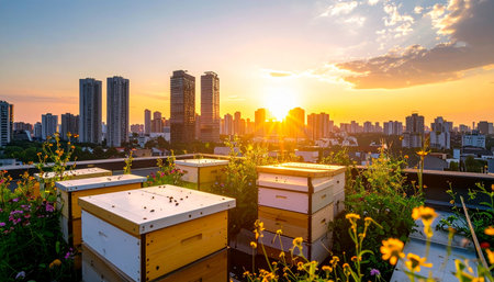 As the sun sets in a blaze of gold over a modern city skyline, a rooftop apiary thrives. These beehives represent a harmonious blend of urban life and nature, symbolizing sustainability, local food production, and a hopeful future for green initiatives within the concrete jungle.の素材