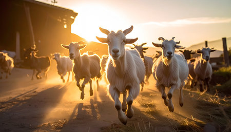 A lively herd of goats kicks up dust as they stampede down a rural farm path, their white coats illuminated by the dramatic golden light of a setting sun. This energetic scene captures the chaotic freedom and rustic charm of farm life at the end of the day.の素材